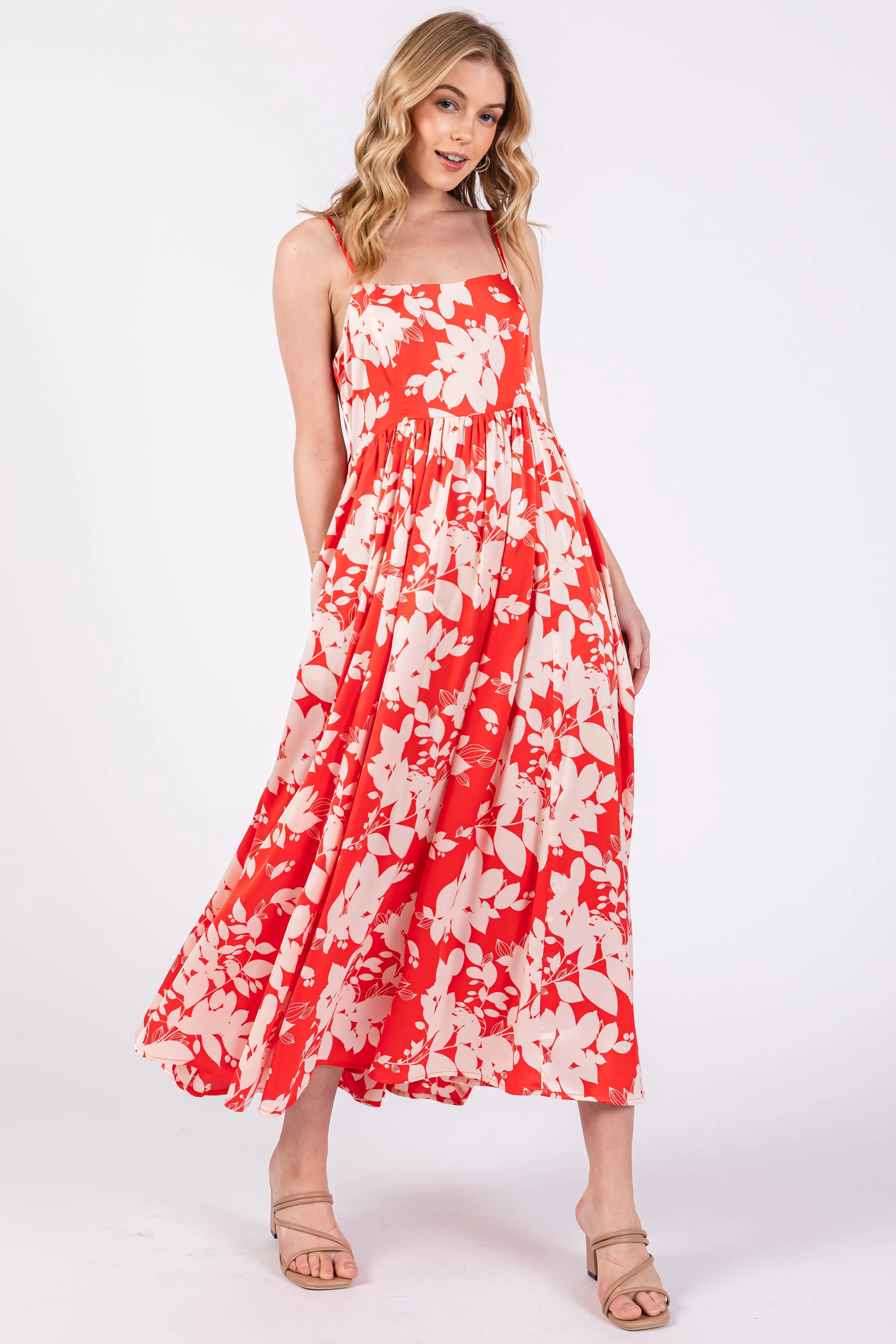 Red Leaf Print Satin Square Neck Midi Dress sold by Pinkblush