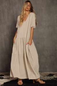 Natural Linen Tiered Dress sold by Pinkblush