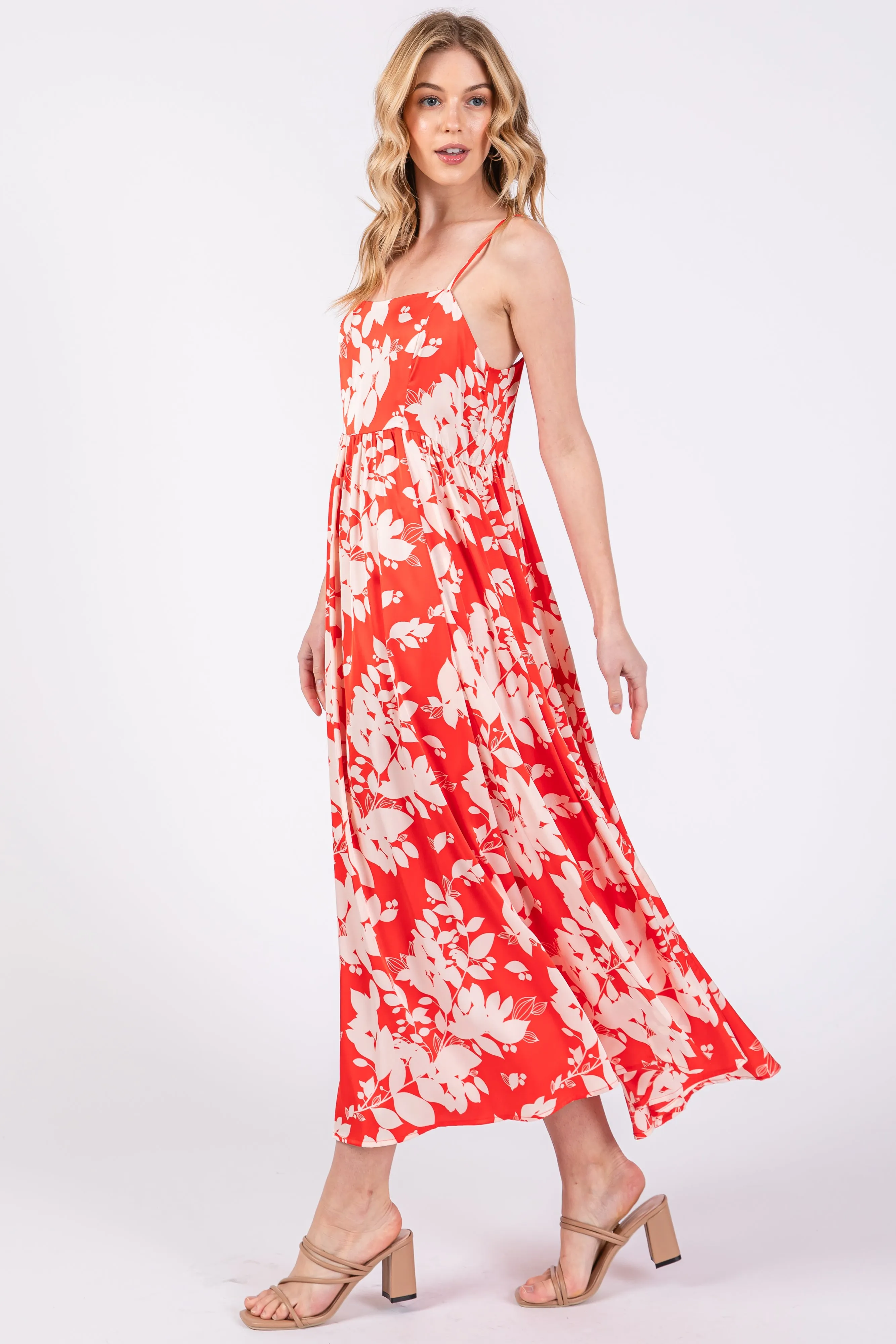 Red Leaf Print Satin Square Neck Midi Dress sold by Pinkblush product image thumbnail 2