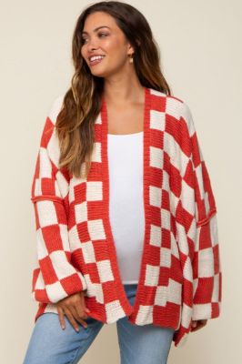 Rust Checkered Print Oversized Maternity Cardigan sold by Pinkblush
