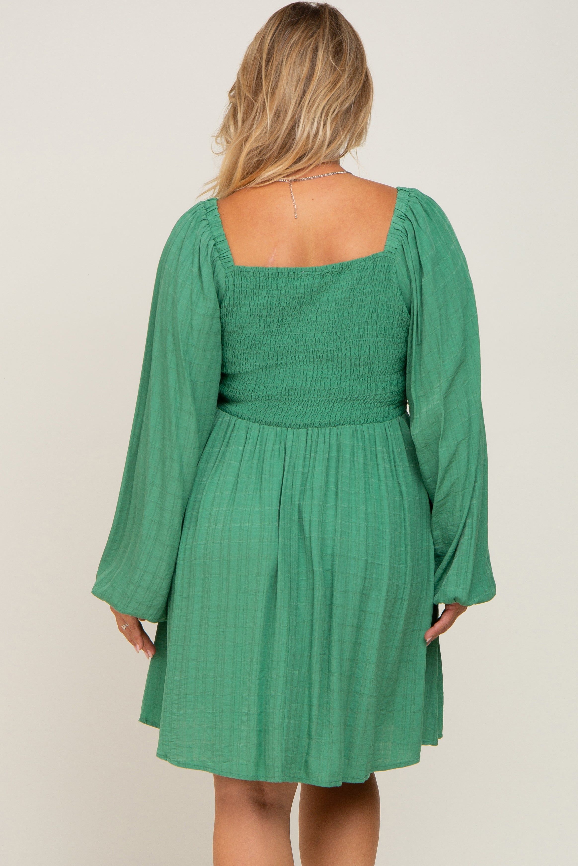 Green Smocked Long Sleeve Maternity Plus Dress sold by Pinkblush product image thumbnail 4