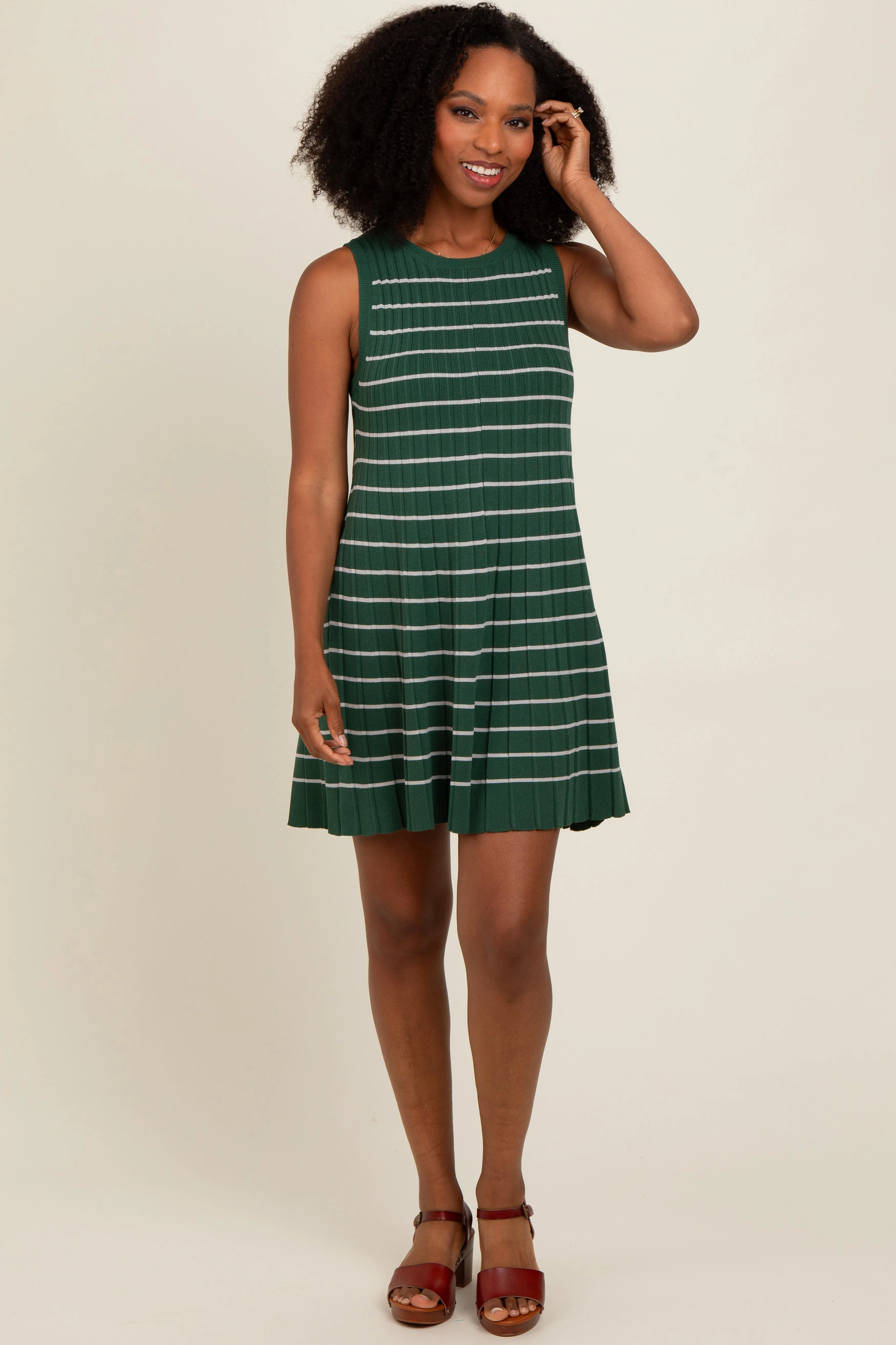 Forest Green Striped Knit Pleated A-Line Mini Dress sold by Pinkblush