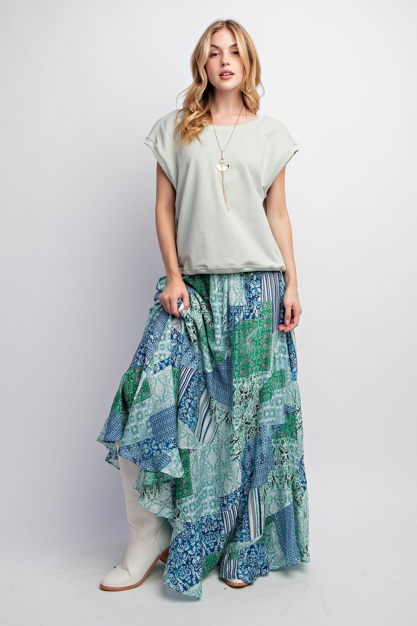 Green Printed Maxi Woven Skirt sold by Pinkblush