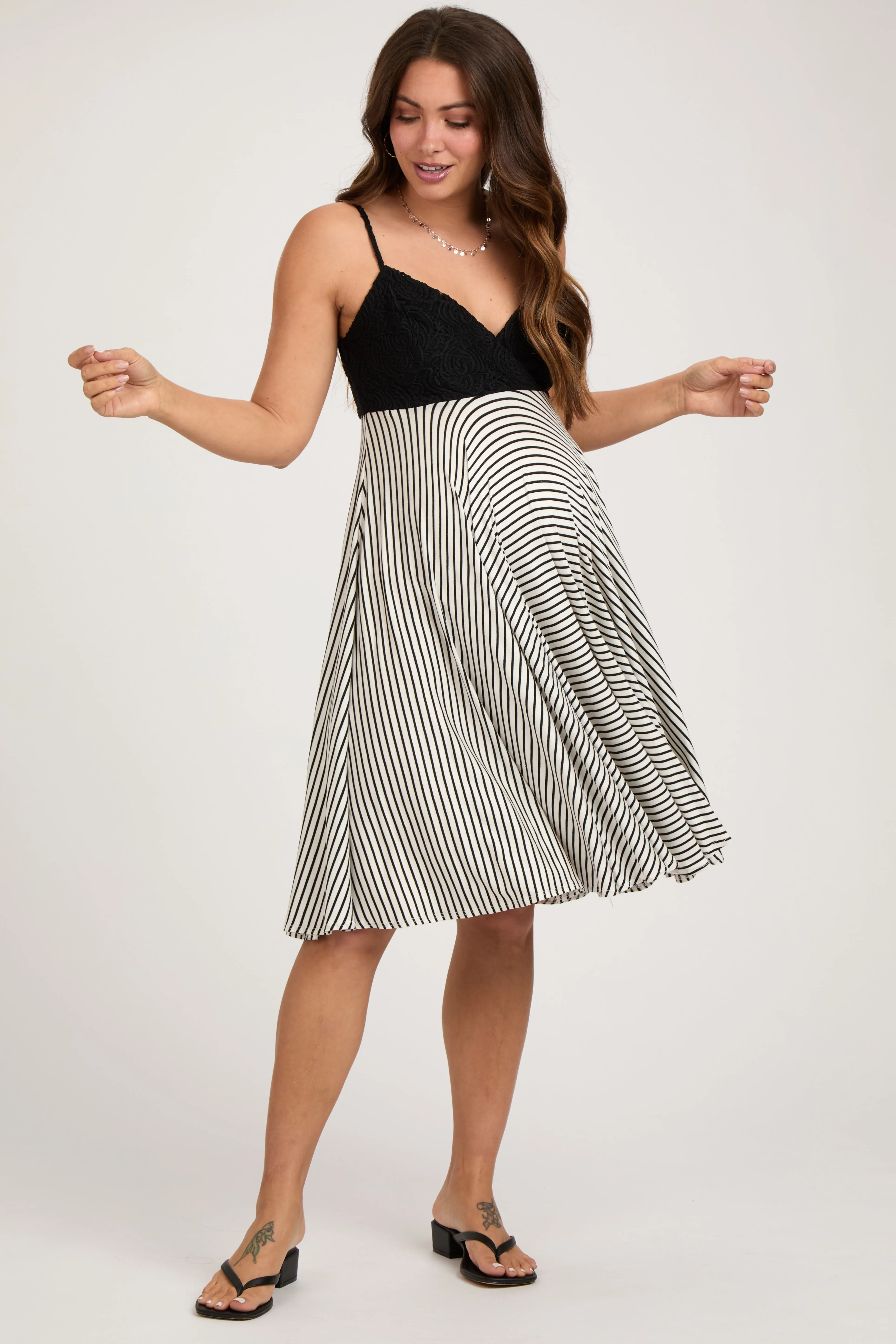 Black Striped Lace V-Neck Maternity Dress sold by Pinkblush