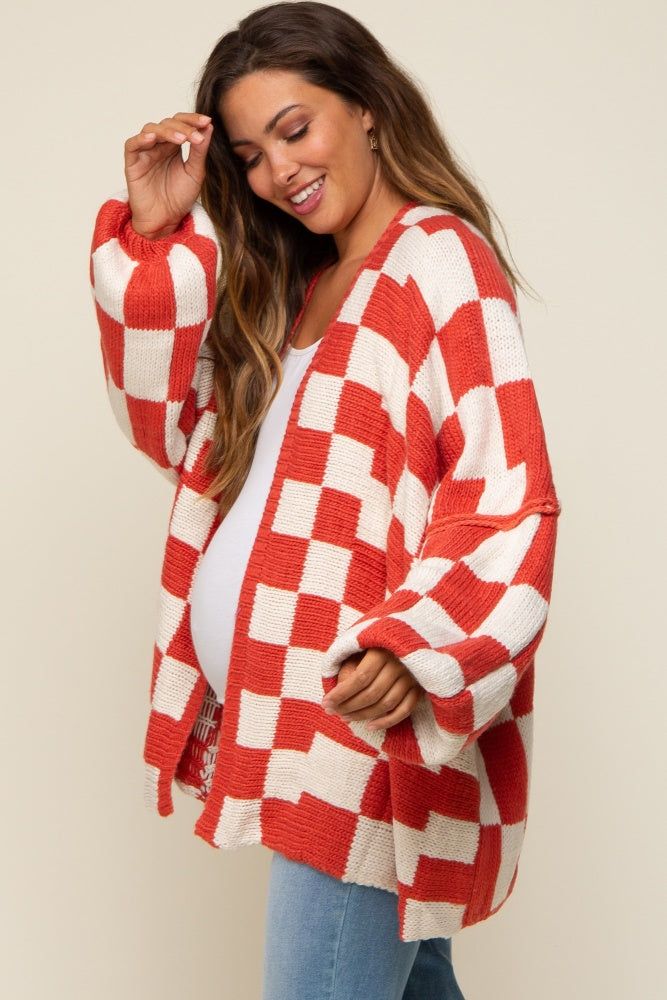 Rust Checkered Print Oversized Maternity Cardigan sold by Pinkblush product image thumbnail 2