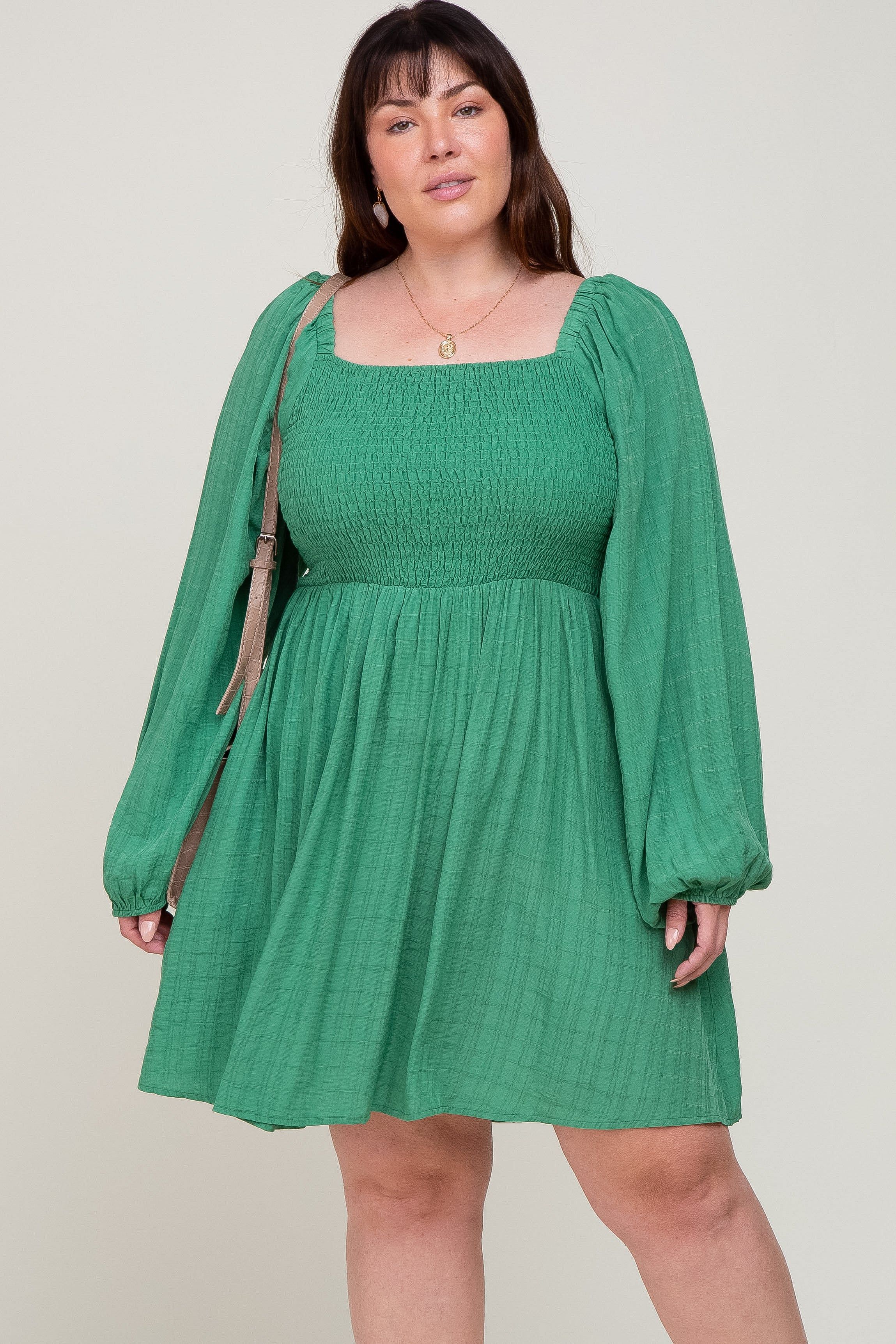 Green Smocked Long Sleeve Maternity Plus Dress sold by Pinkblush product image thumbnail 5