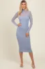 Blue Mesh Overlay Fitted Midi Dress sold by Pinkblush