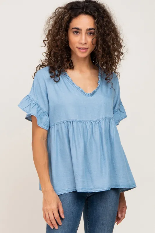 Blue Chambray Ruffle Peplum Blouse sold by Pinkblush