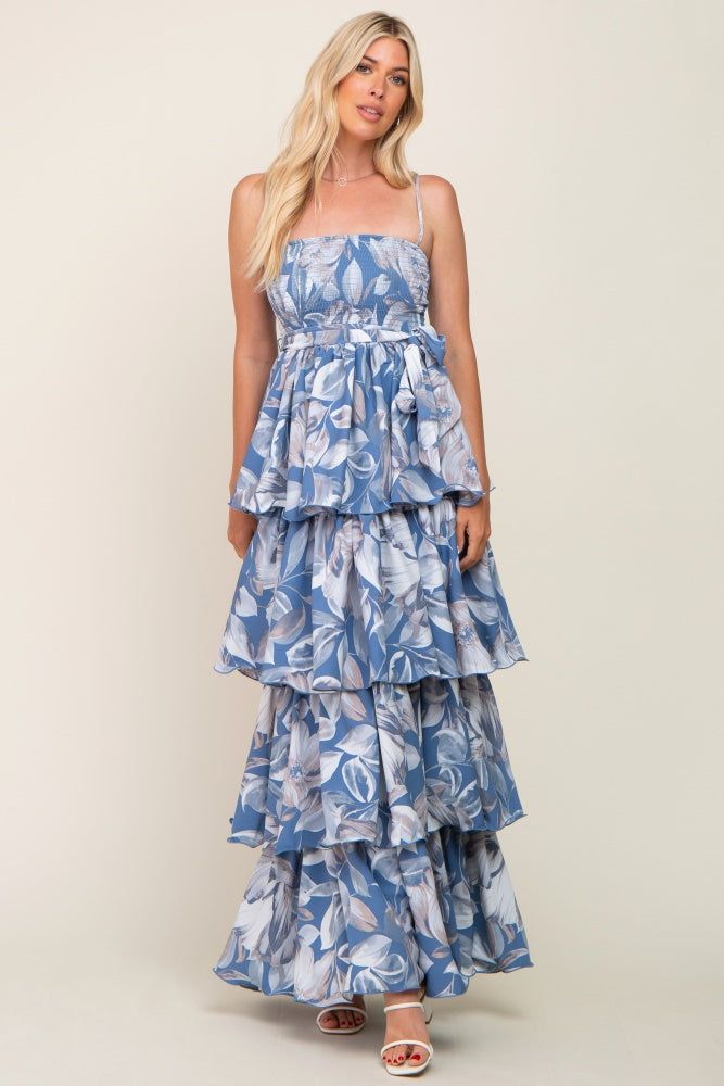 Blue Floral Ruffle Tiered Smocked Maxi Dress sold by Pinkblush product image thumbnail 4