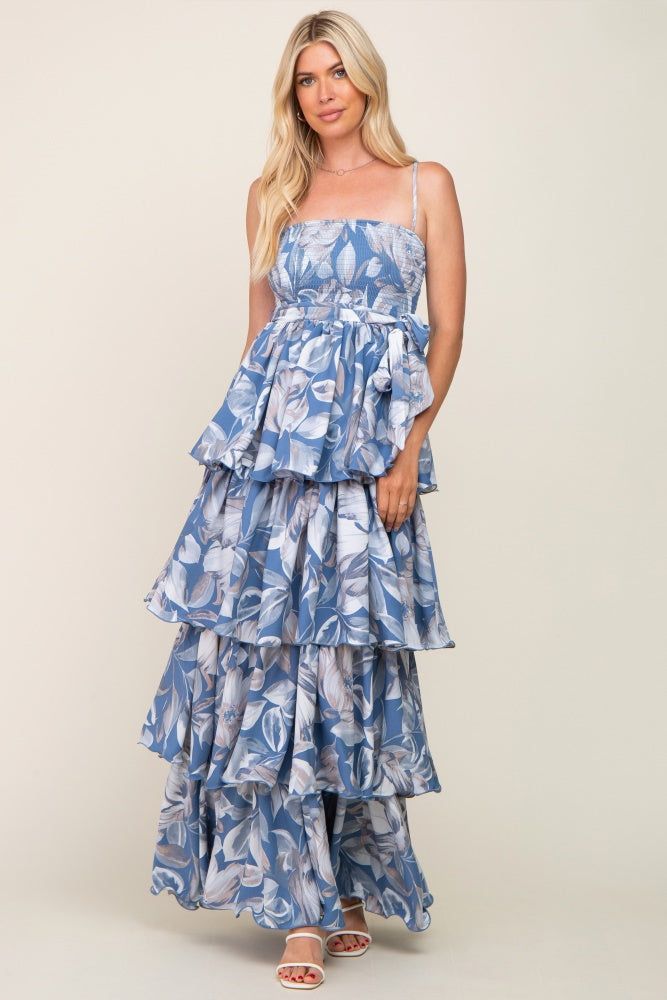 Blue Floral Ruffle Tiered Smocked Maxi Dress sold by Pinkblush