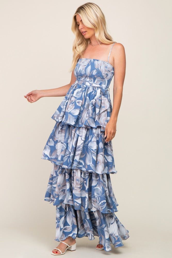 Blue Floral Ruffle Tiered Smocked Maxi Dress sold by Pinkblush product image thumbnail 2