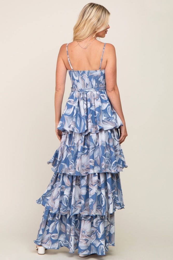 Blue Floral Ruffle Tiered Smocked Maxi Dress sold by Pinkblush product image thumbnail 3