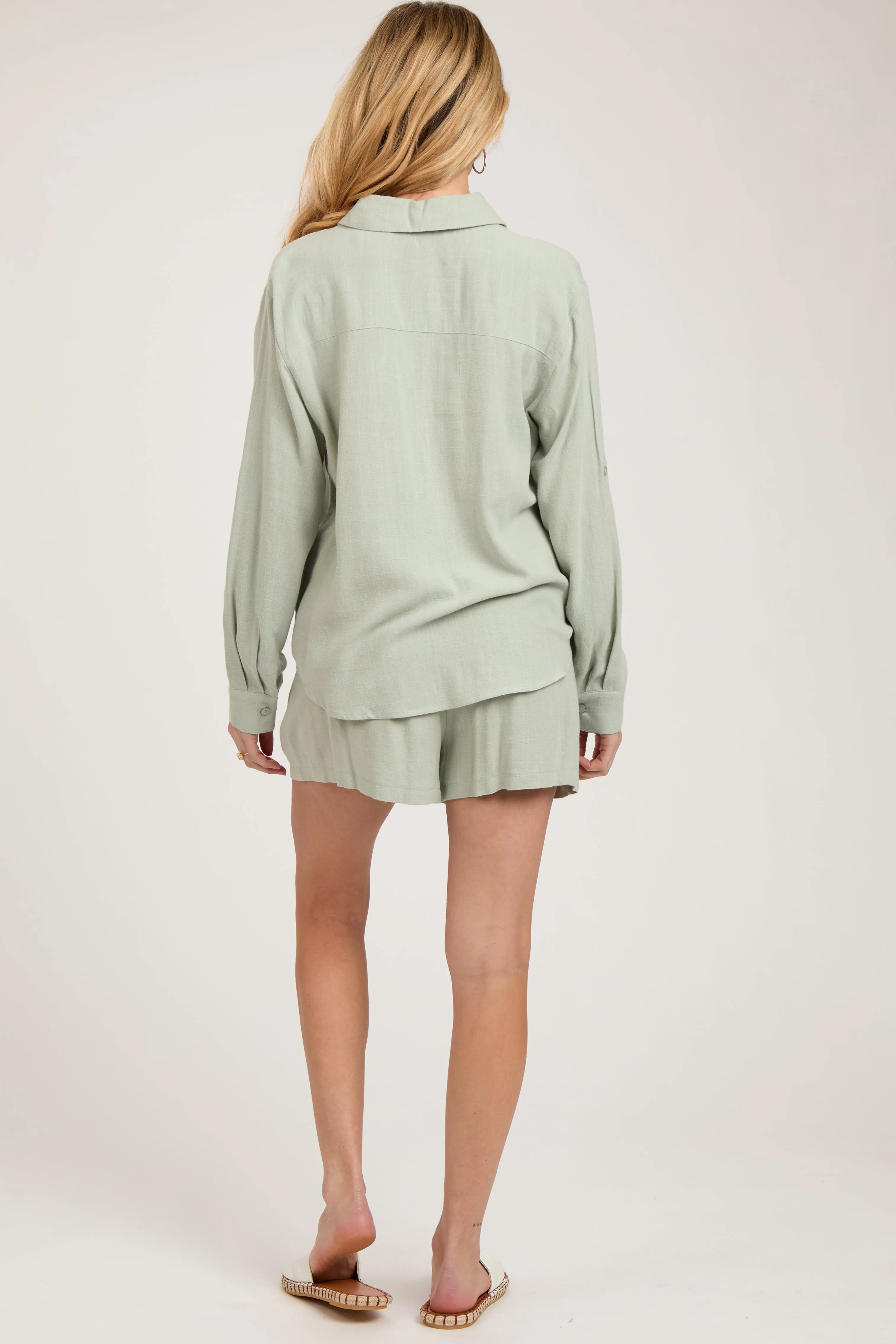 Mint Green Linen Button Down Long Sleeve Maternity Short Set sold by Pinkblush product image thumbnail 4