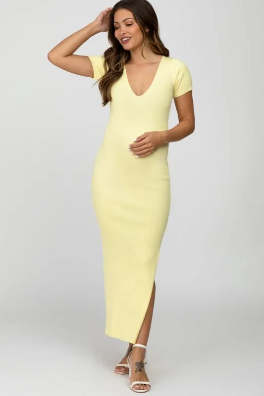 Yellow Ribbed Fitted Side Slit Maternity Midi Dress sold by Pinkblush