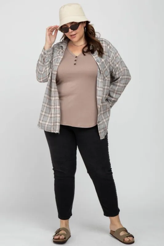 Grey Plaid Button Up Collared Flannel Plus Top sold by Pinkblush