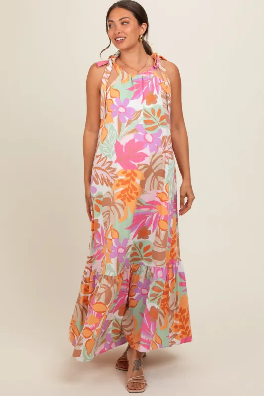 Pink Floral Shoulder Tie Empire Maternity Maxi Dress sold by Pinkblush