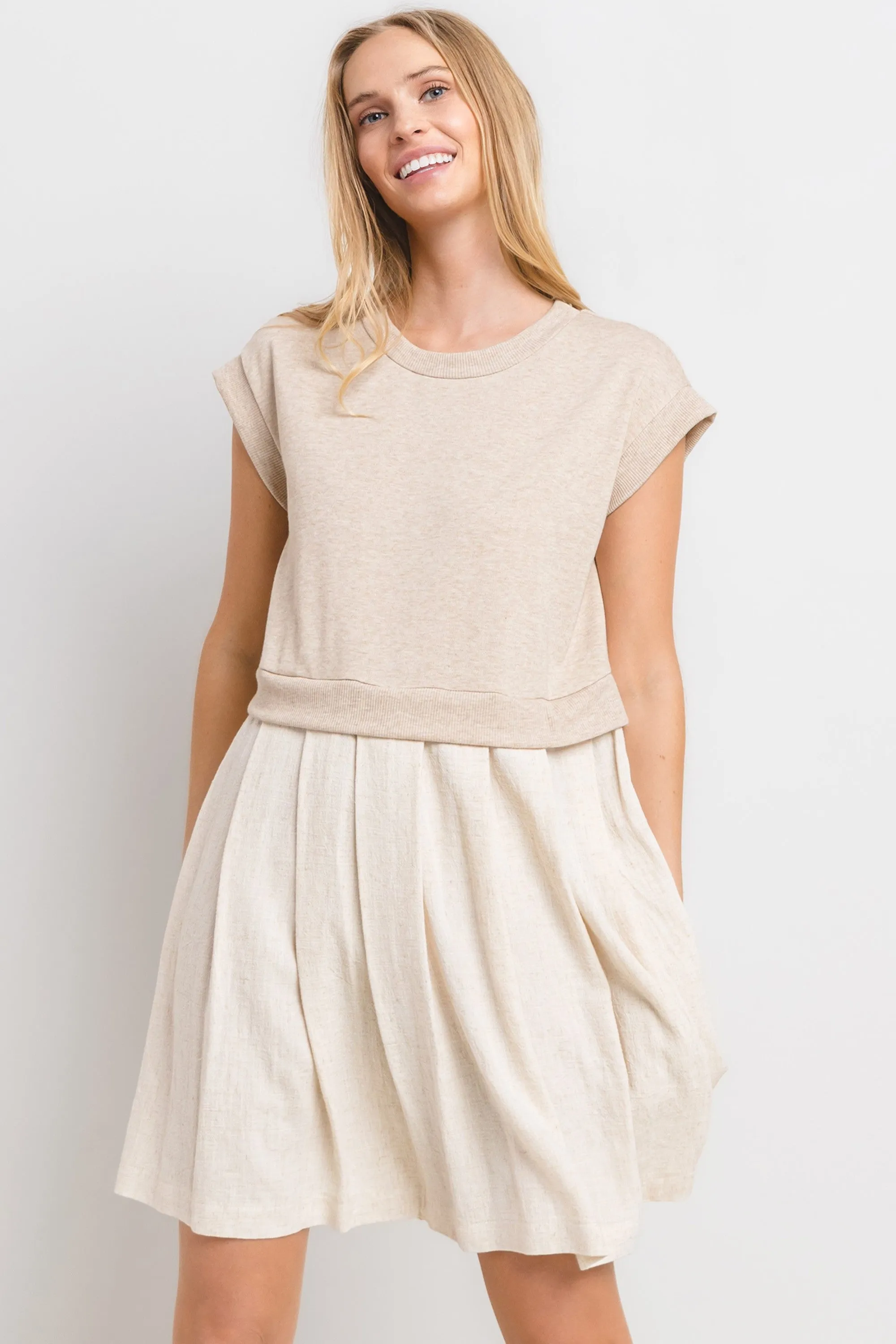 Oatmeal Contrast Pleated Mini Dress sold by Pinkblush