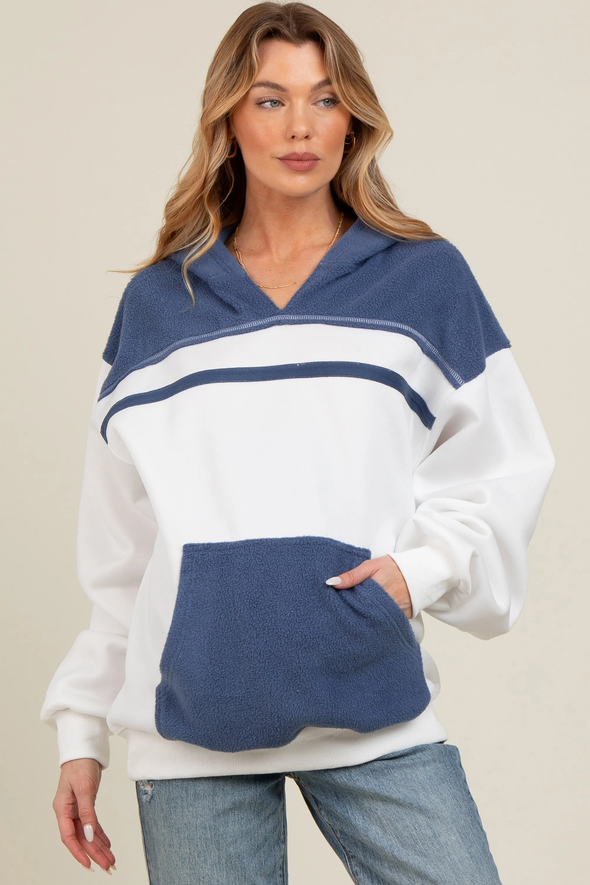 White Colorblock Front Pocket Maternity Hoodie sold by Pinkblush