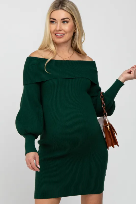 Forest Green Off Shoulder Bubble Sleeve Maternity Sweater Dress sold by Pinkblush