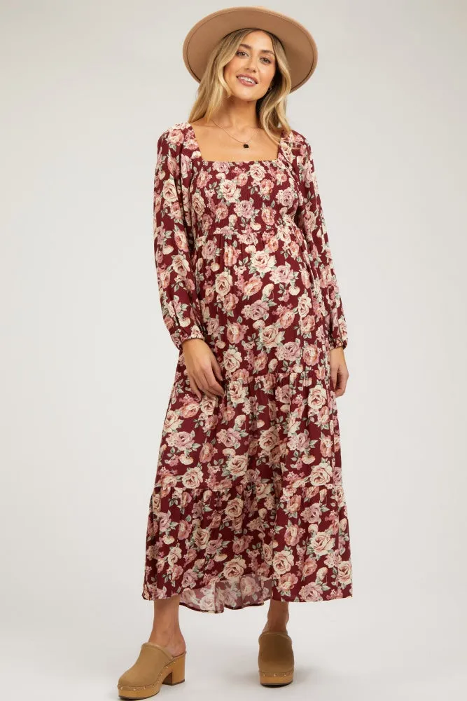 Burgundy Floral Long Sleeve Maternity Maxi Dress sold by Pinkblush product image thumbnail 2