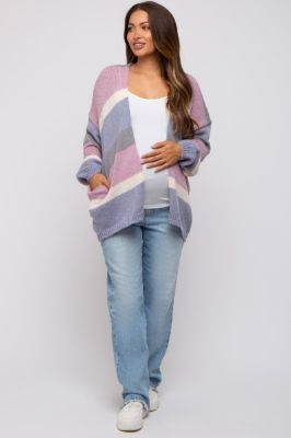 Multi-Color Striped Open Knit Maternity Cardigan sold by Pinkblush