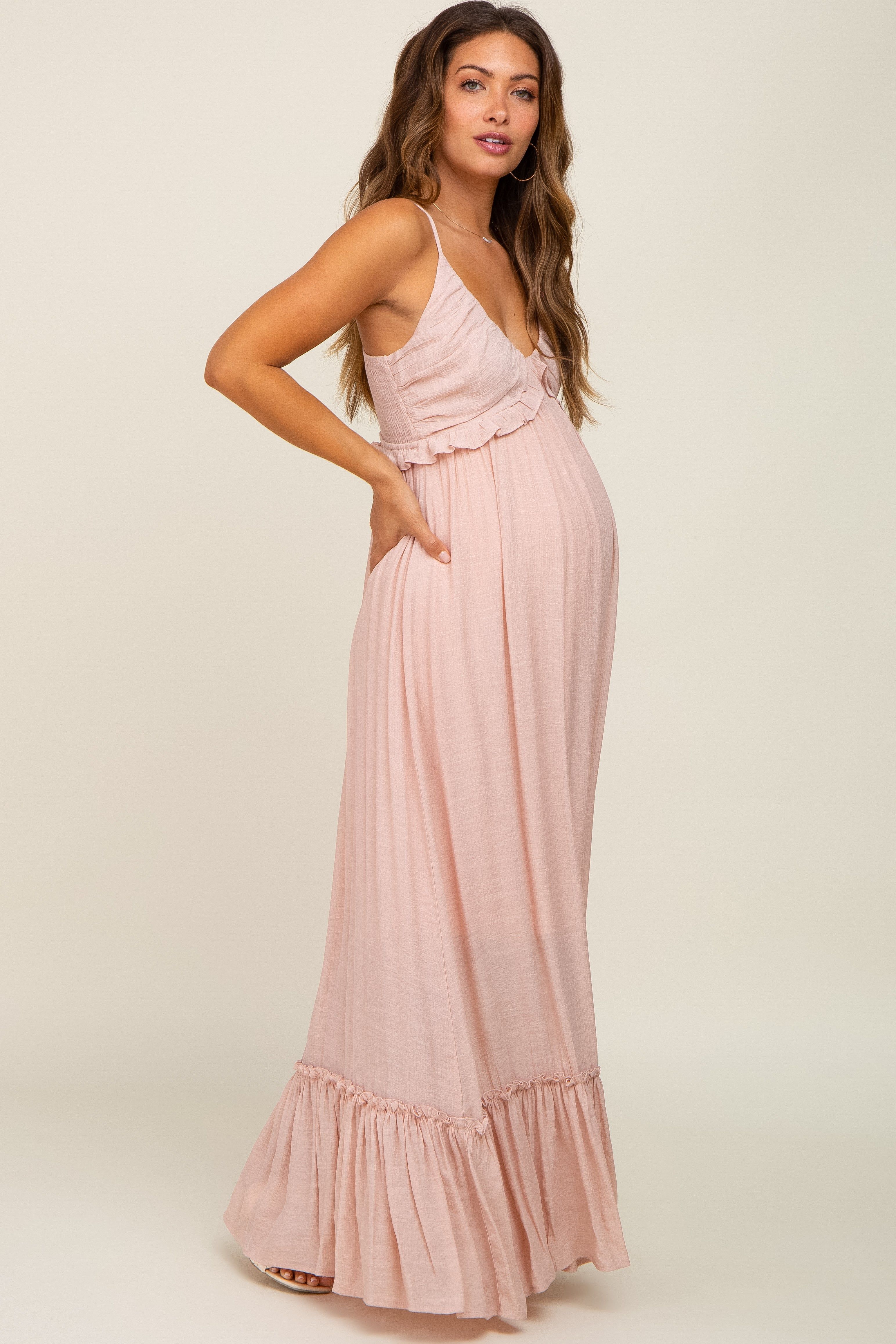 Light Pink Sleeveless Ruffle V-Neck Maternity Maxi Dress sold by Pinkblush product image thumbnail 2
