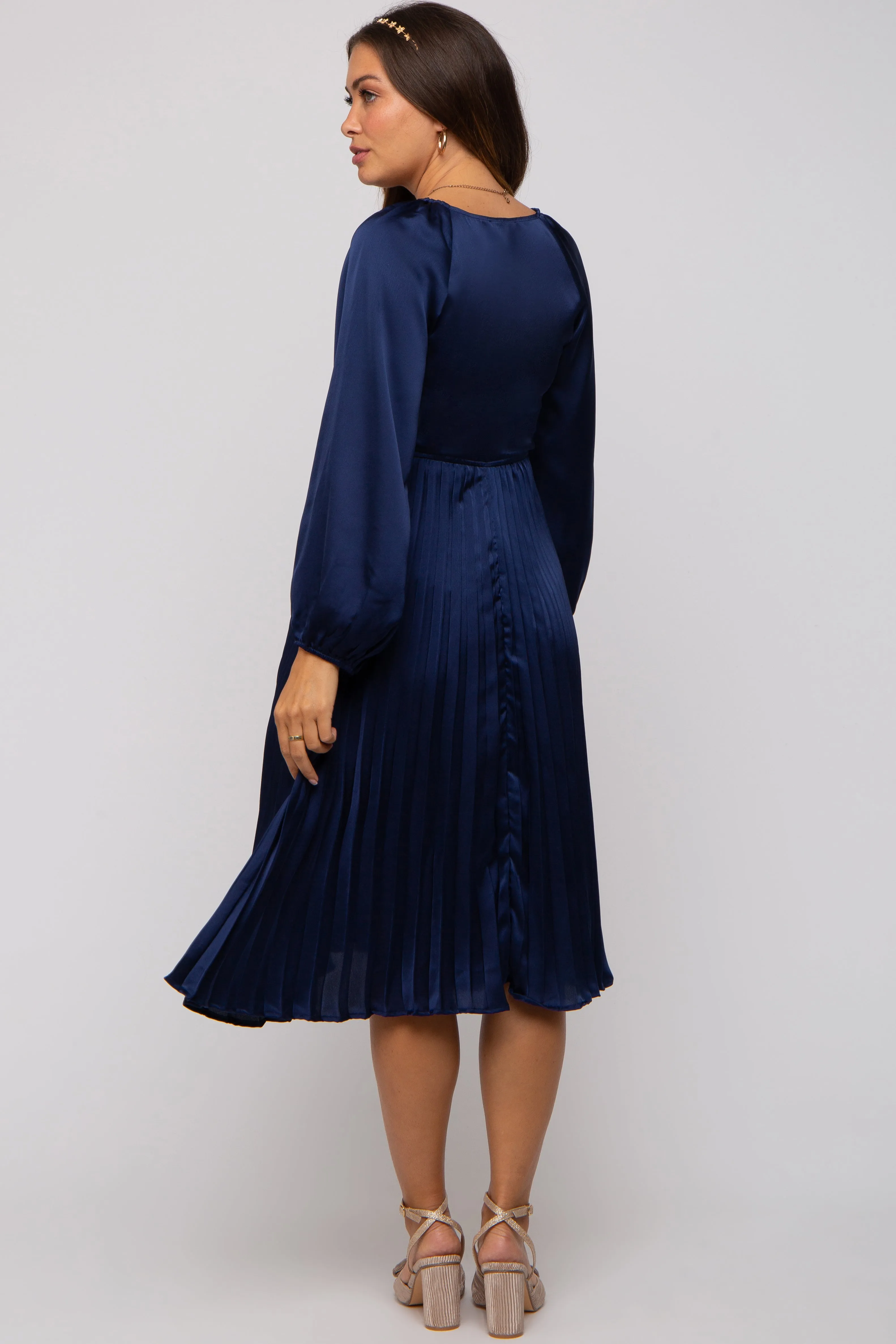 Navy Satin Smocked and Pleated Maternity Midi Dress sold by Pinkblush product image thumbnail 4