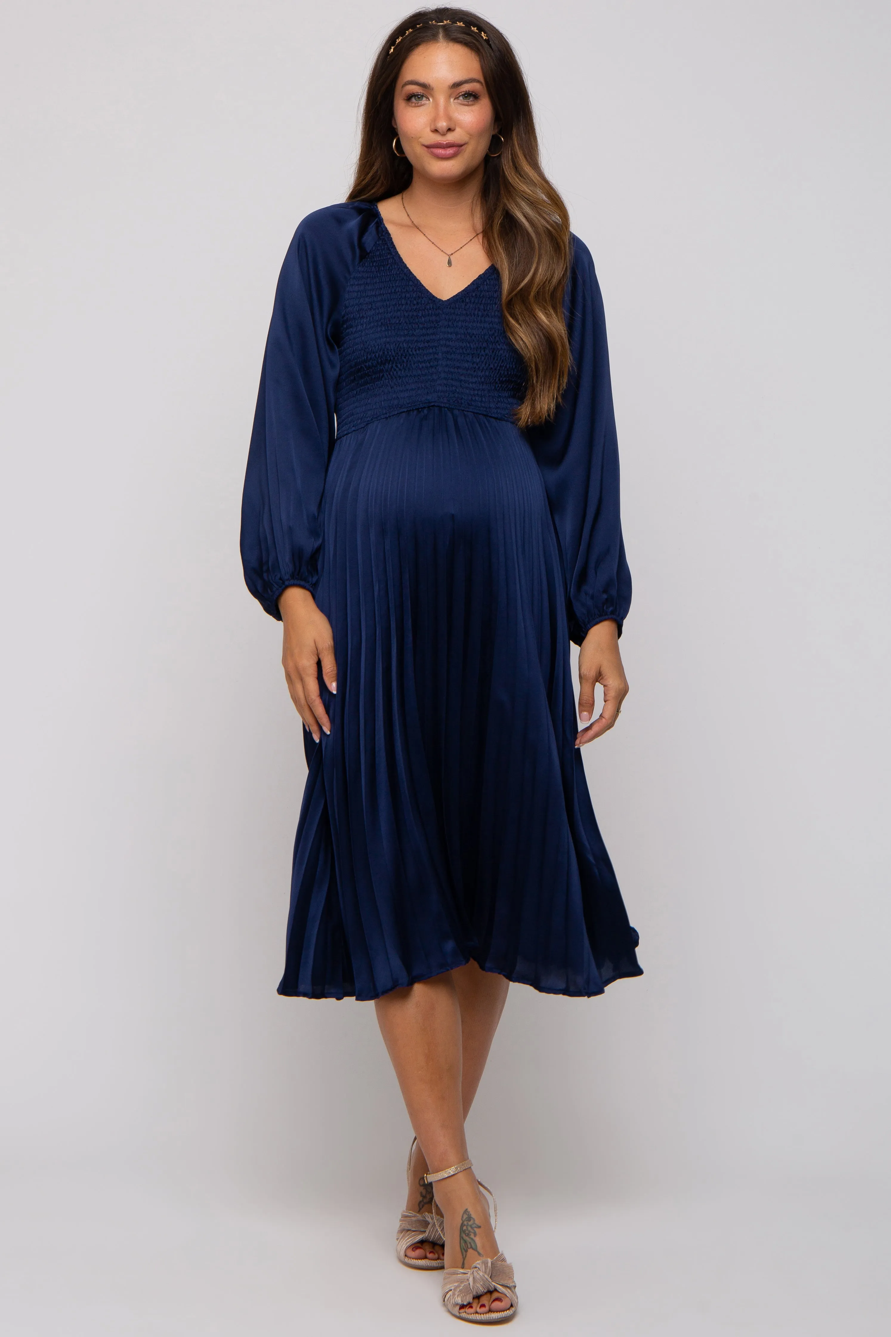 Navy Satin Smocked and Pleated Maternity Midi Dress sold by Pinkblush
