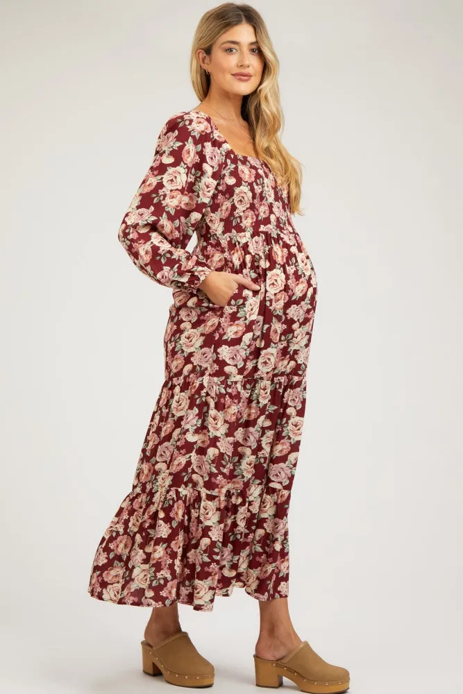 Burgundy Floral Long Sleeve Maternity Maxi Dress sold by Pinkblush product image thumbnail 3