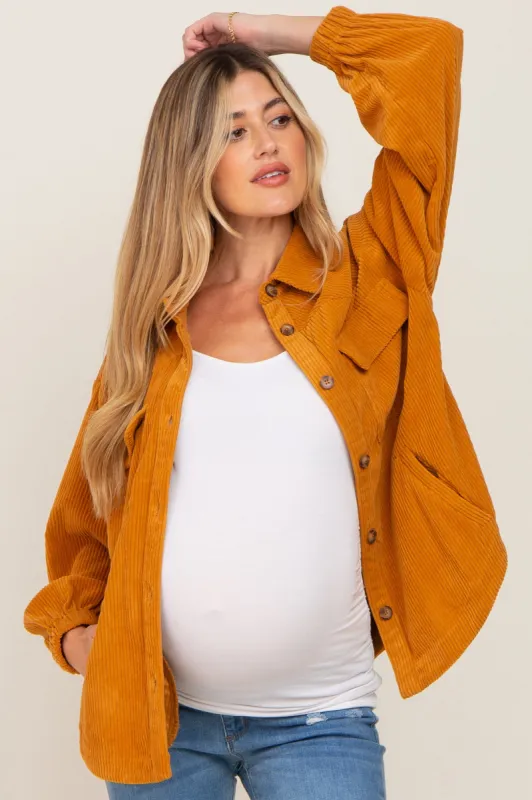 Gold Corduroy Front Pocket Maternity Shacket sold by Pinkblush