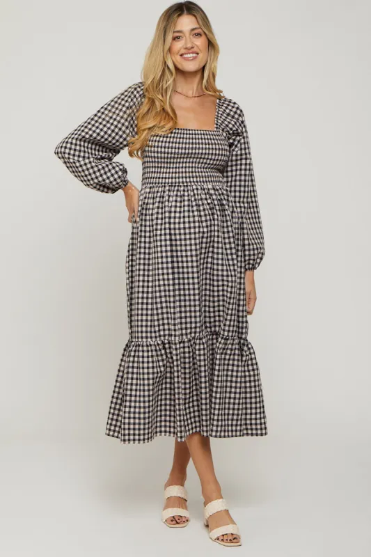 Black Gingham Long Sleeve Maternity Midi Dress sold by Pinkblush