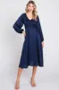 Navy Satin Smocked and Pleated Maternity Midi Dress sold by Pinkblush