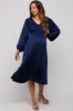 Navy Satin Smocked and Pleated Maternity Midi Dress sold by Pinkblush