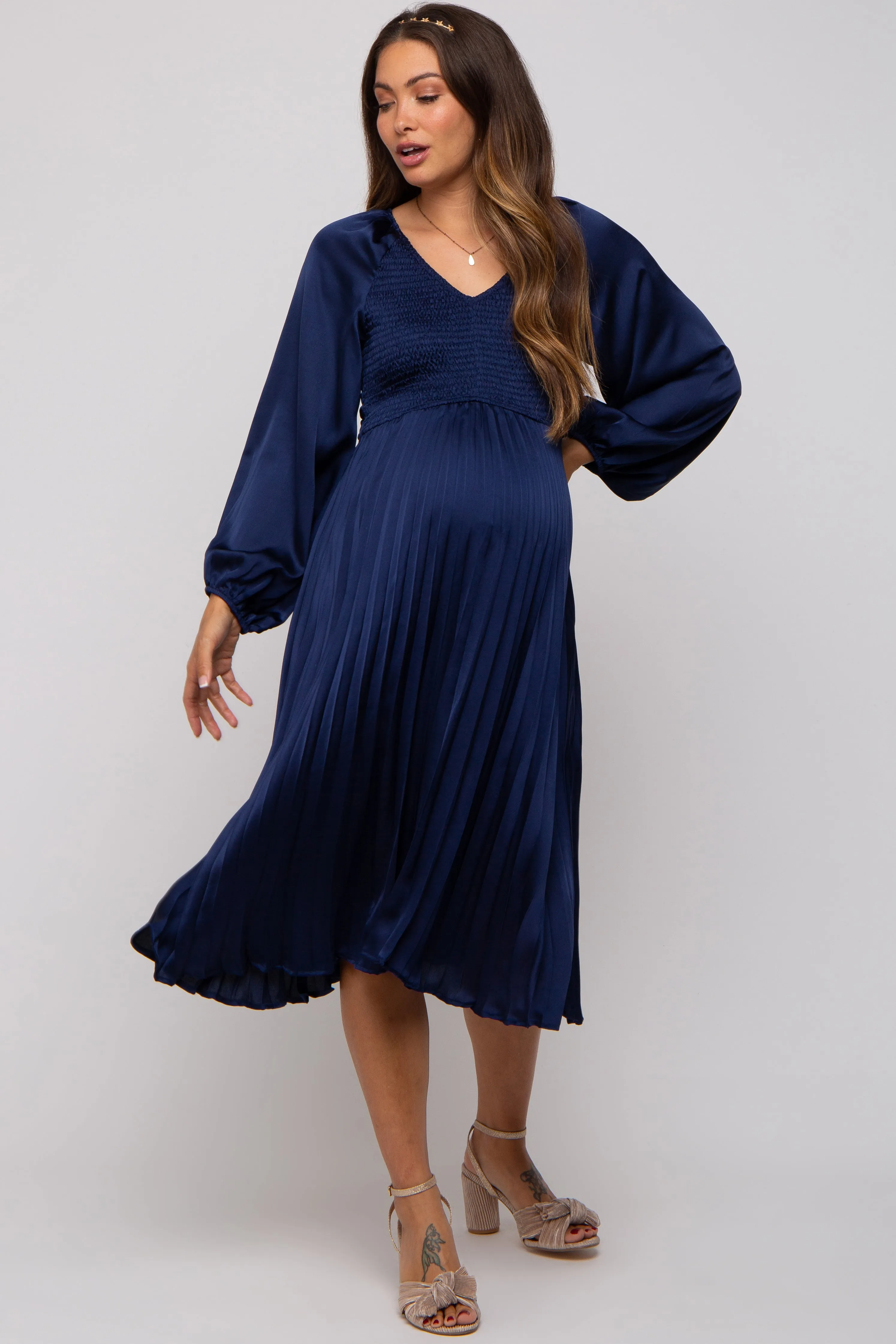 Navy Satin Smocked and Pleated Maternity Midi Dress sold by Pinkblush product image thumbnail 2