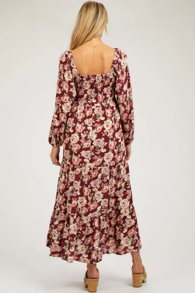 Burgundy Floral Long Sleeve Maternity Maxi Dress sold by Pinkblush product image thumbnail 4