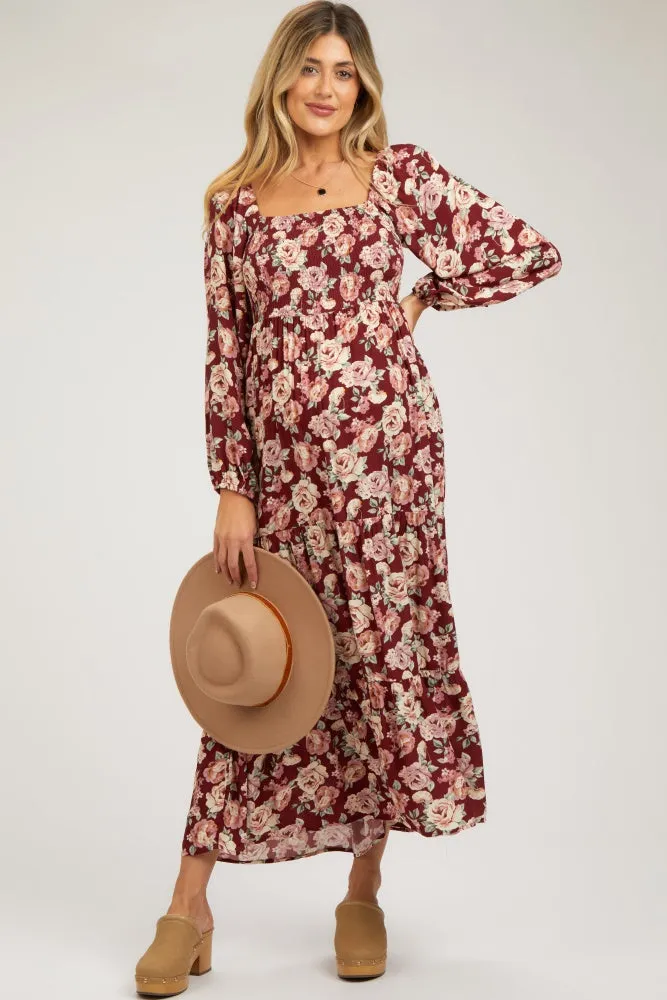 Burgundy Floral Long Sleeve Maternity Maxi Dress sold by Pinkblush