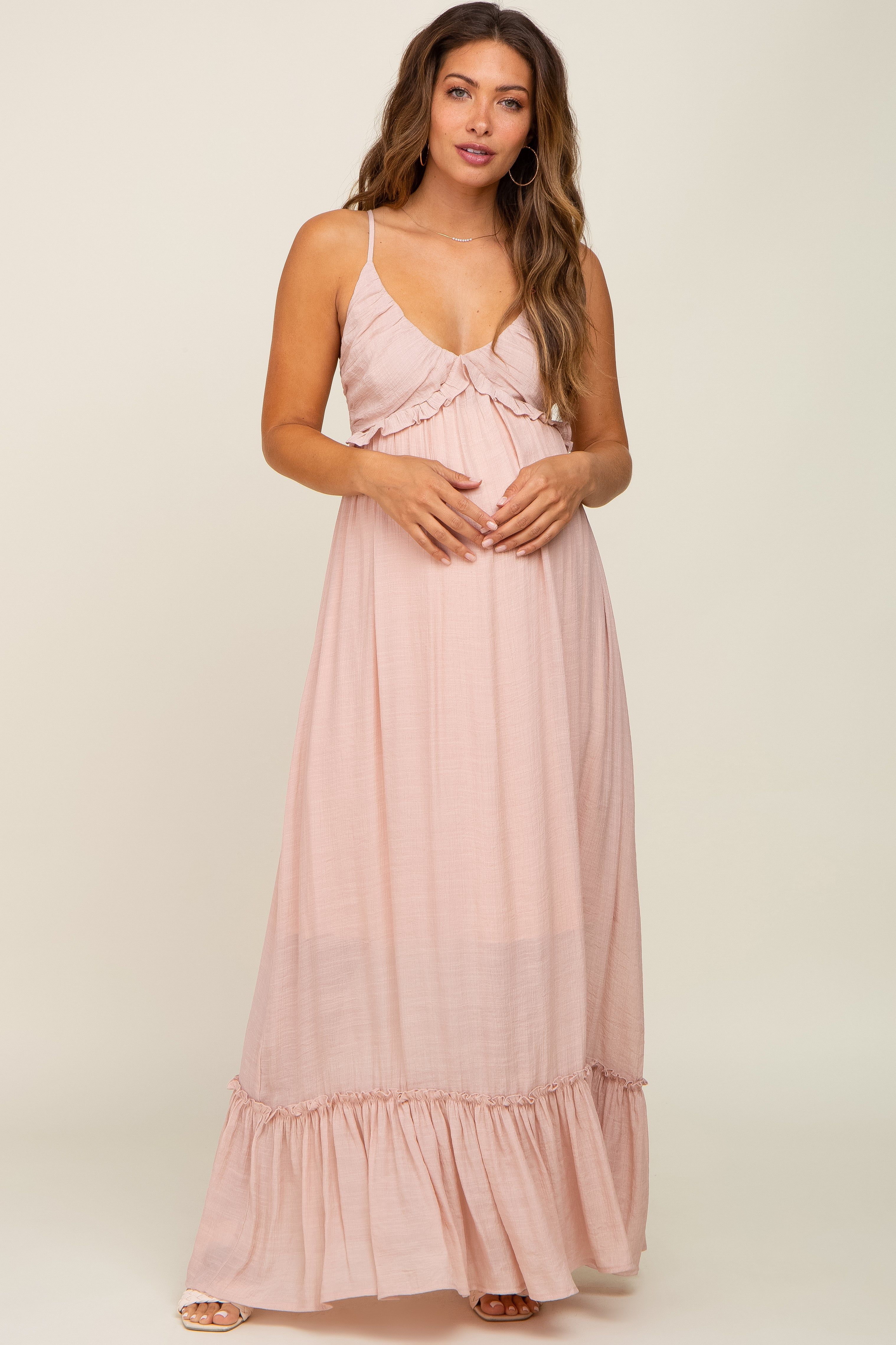 Light Pink Sleeveless Ruffle V-Neck Maternity Maxi Dress sold by Pinkblush product image thumbnail 4
