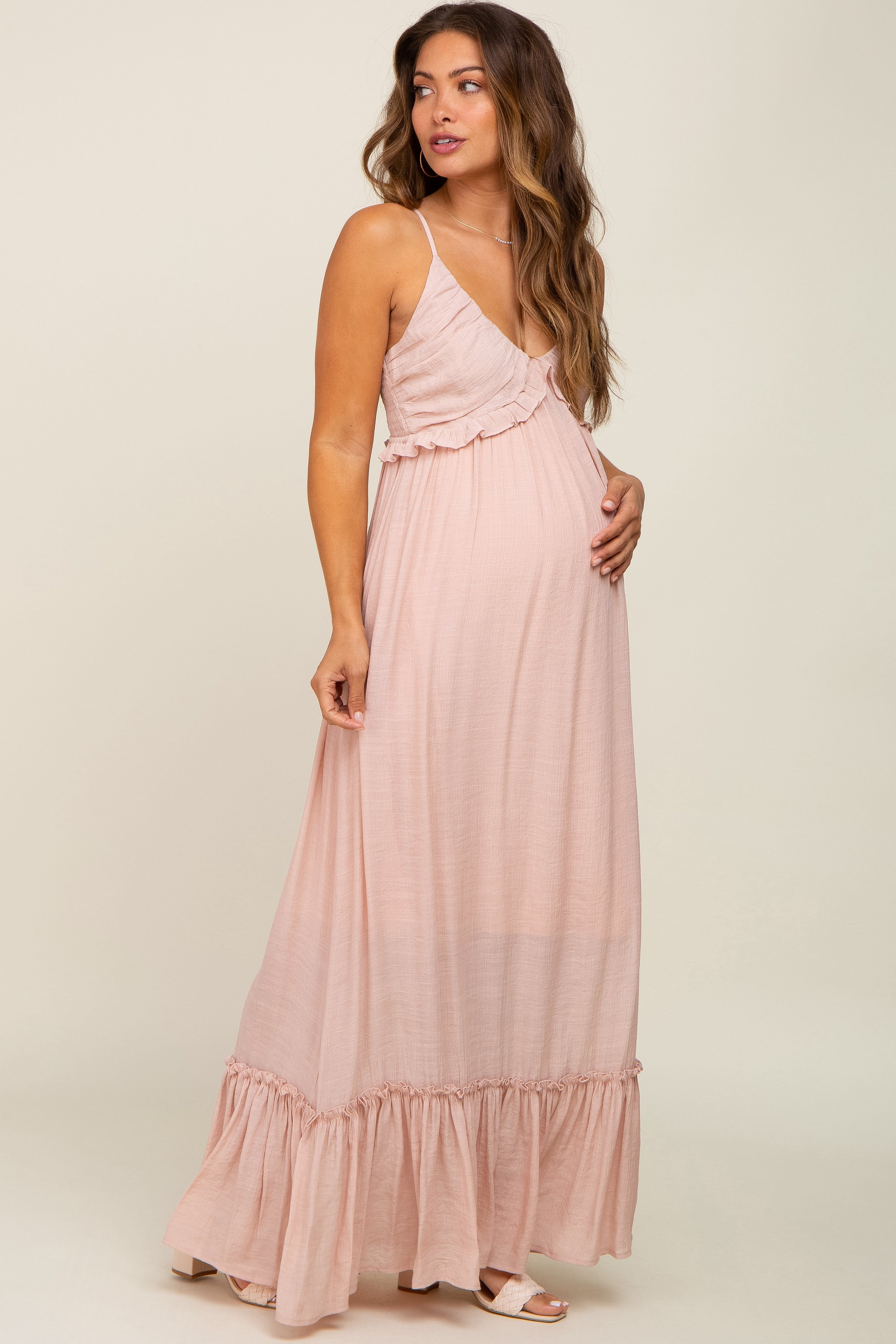 Light Pink Sleeveless Ruffle V-Neck Maternity Maxi Dress sold by Pinkblush