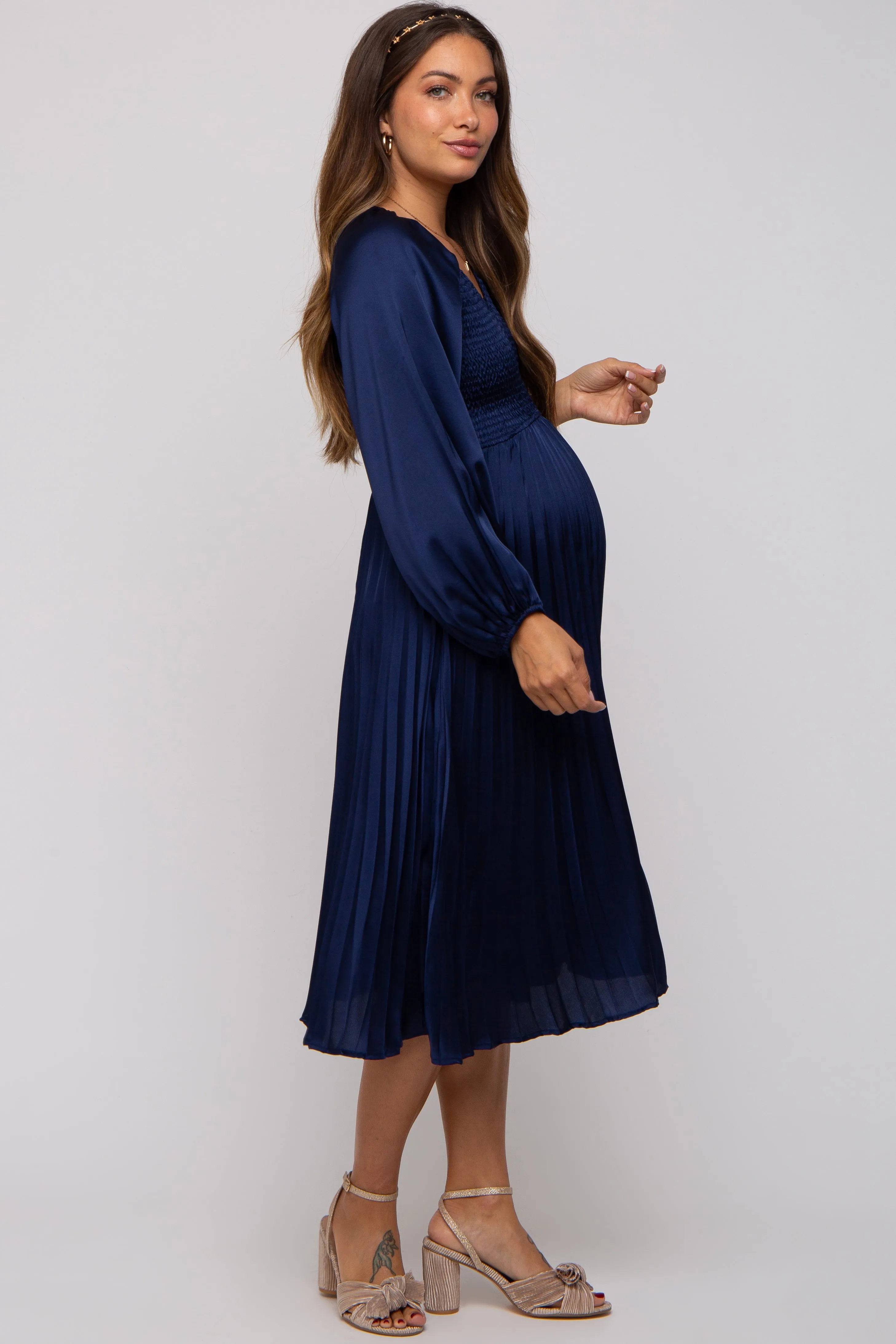 Navy Satin Smocked and Pleated Maternity Midi Dress sold by Pinkblush product image thumbnail 3