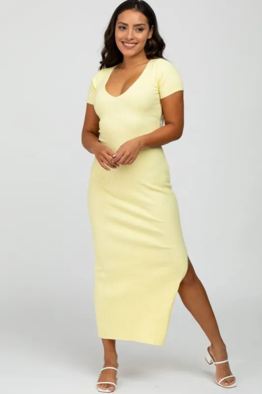 Yellow Ribbed Fitted Side Slit Midi Dress sold by Pinkblush