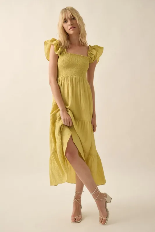 Key Lime Solid Square-Neck Smock-Bodice Midi Dress sold by Pinkblush