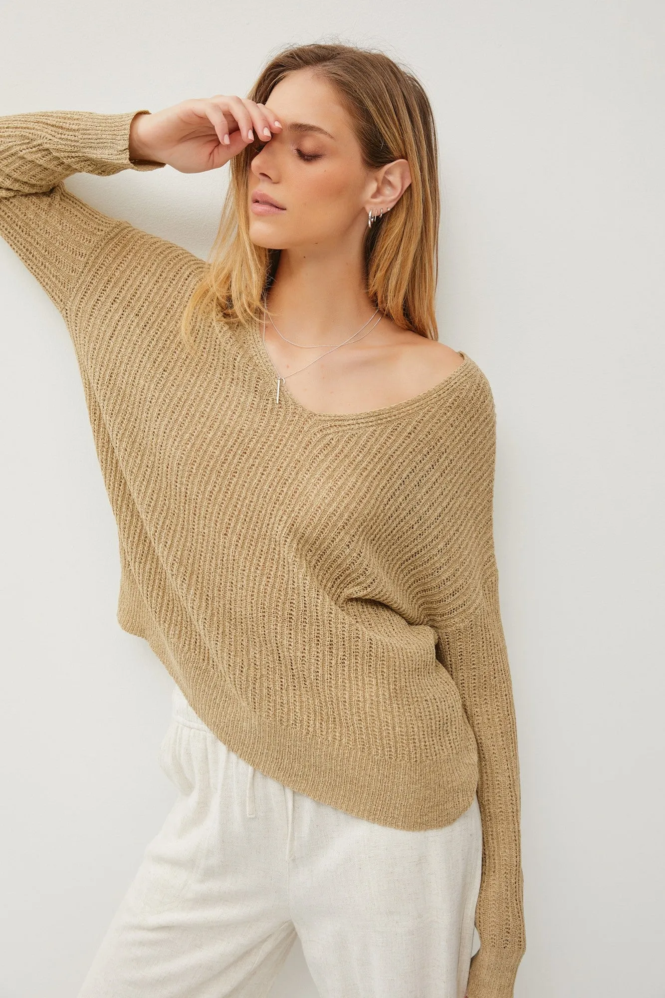 Olive Knit V-Neck Long Sleeve Top sold by Pinkblush