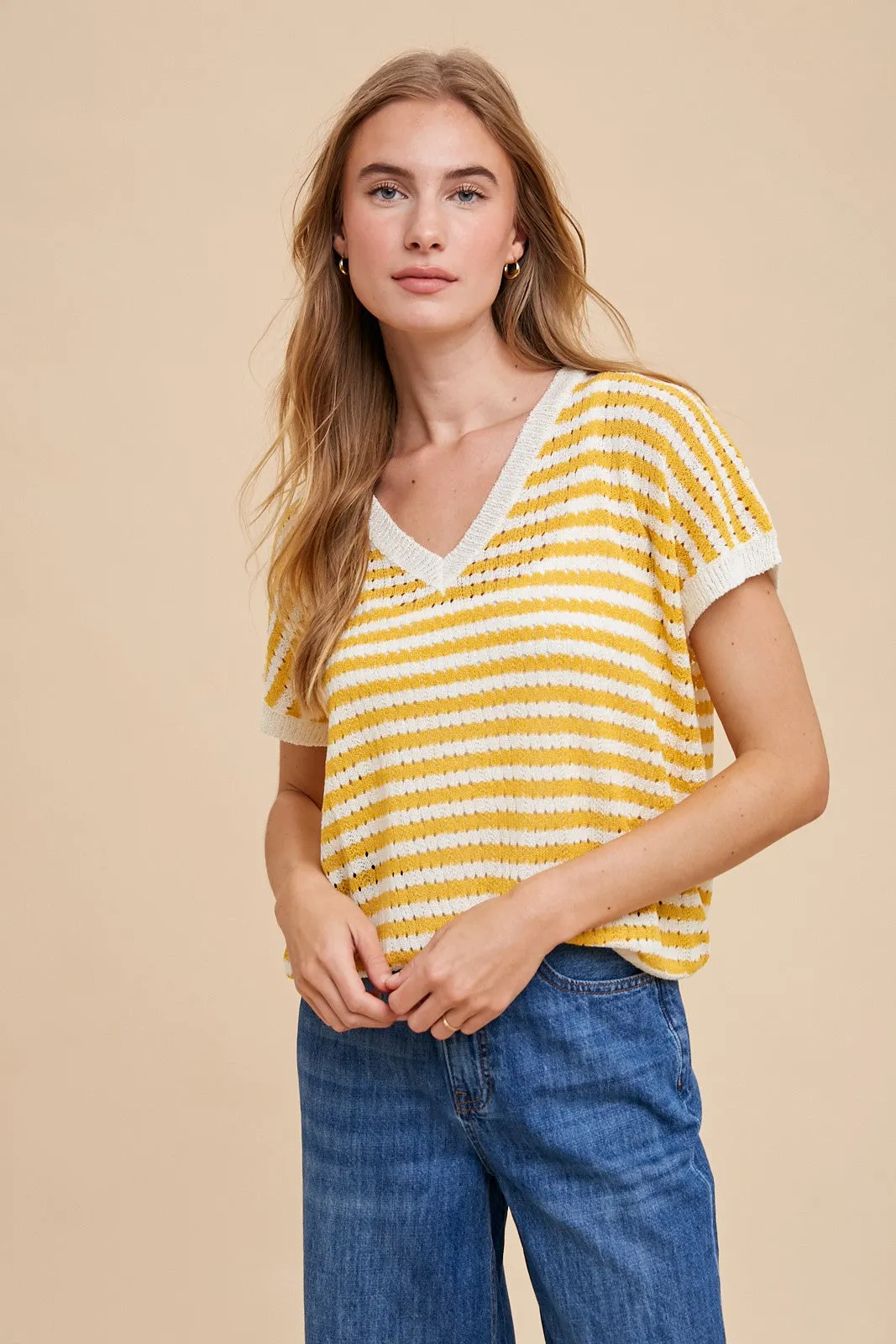 Mustard Striped Knit V-Neck Short Sleeve Top sold by Pinkblush product image thumbnail 5