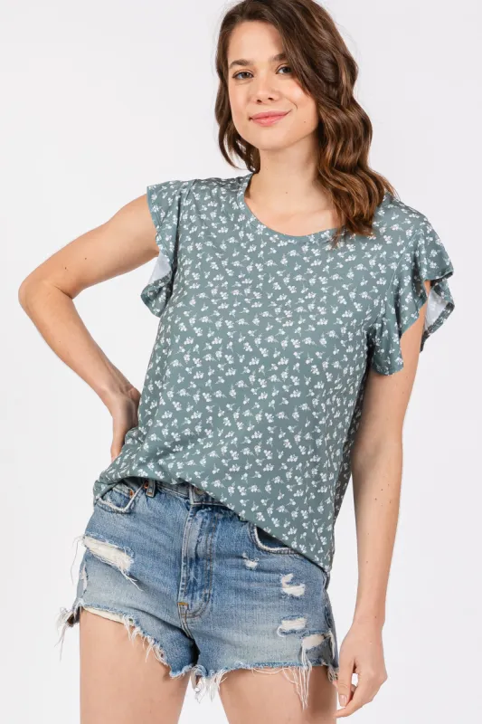 Olive Floral Ruffle Sleeve Top sold by Pinkblush