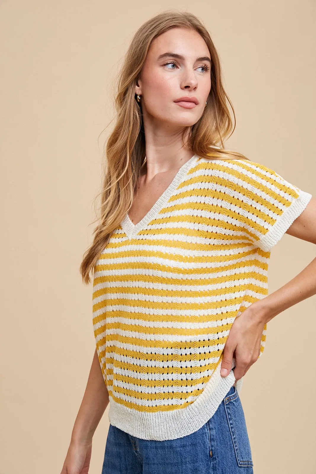 Mustard Striped Knit V-Neck Short Sleeve Top sold by Pinkblush product image thumbnail 2