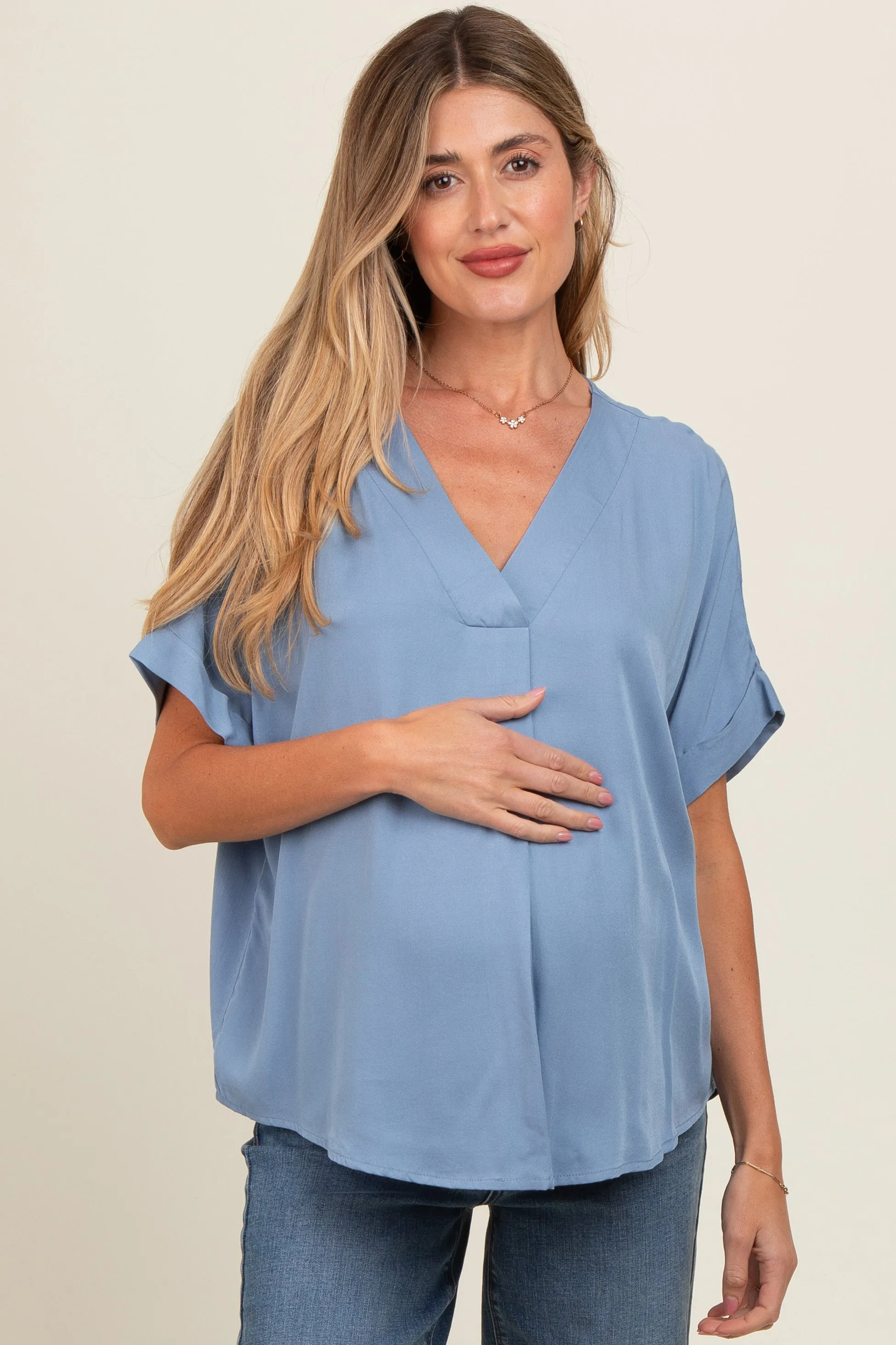 Blue V-Neck Pin-Tuck Detail Maternity Top sold by Pinkblush