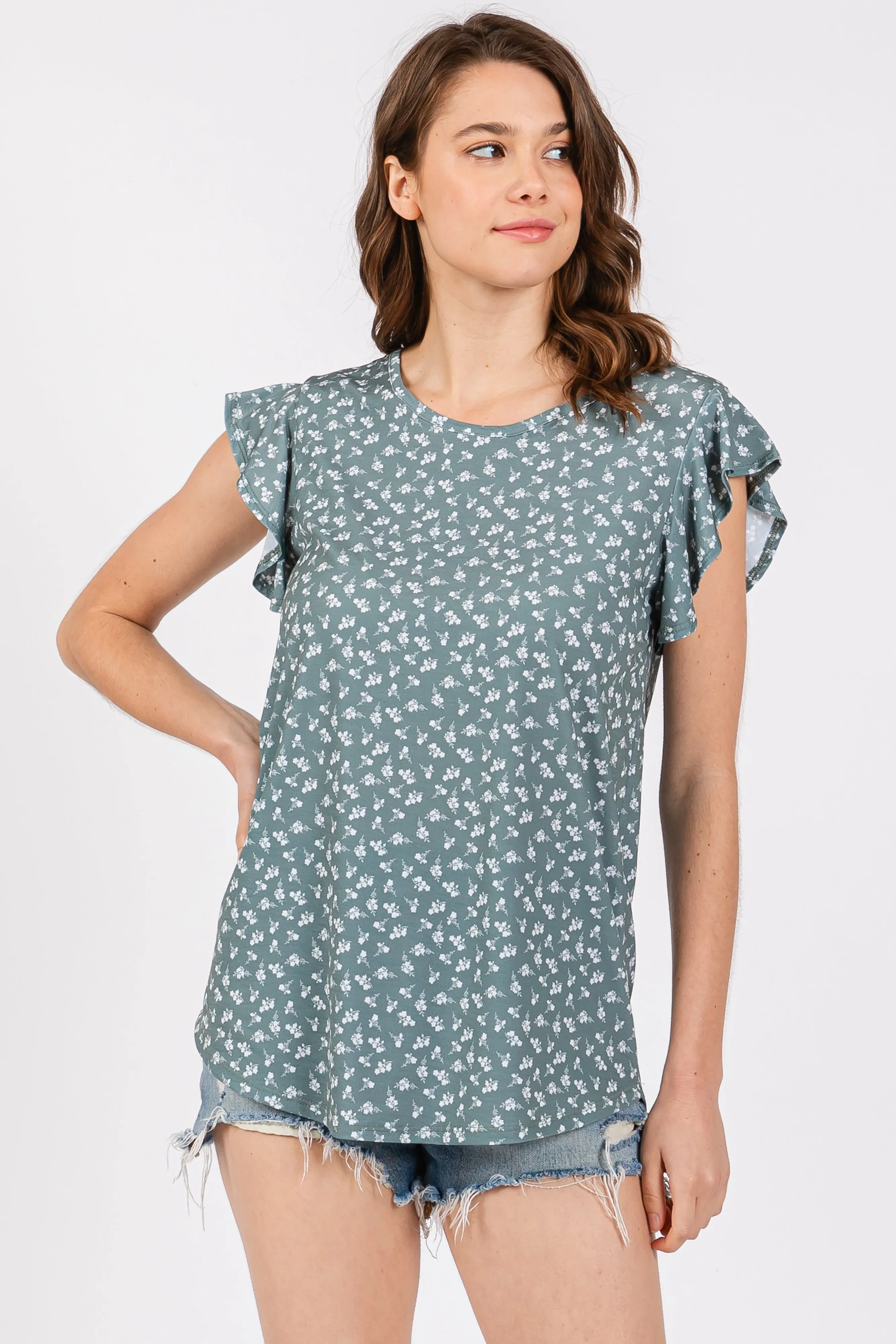 Olive Floral Ruffle Sleeve Top sold by Pinkblush product image thumbnail 2