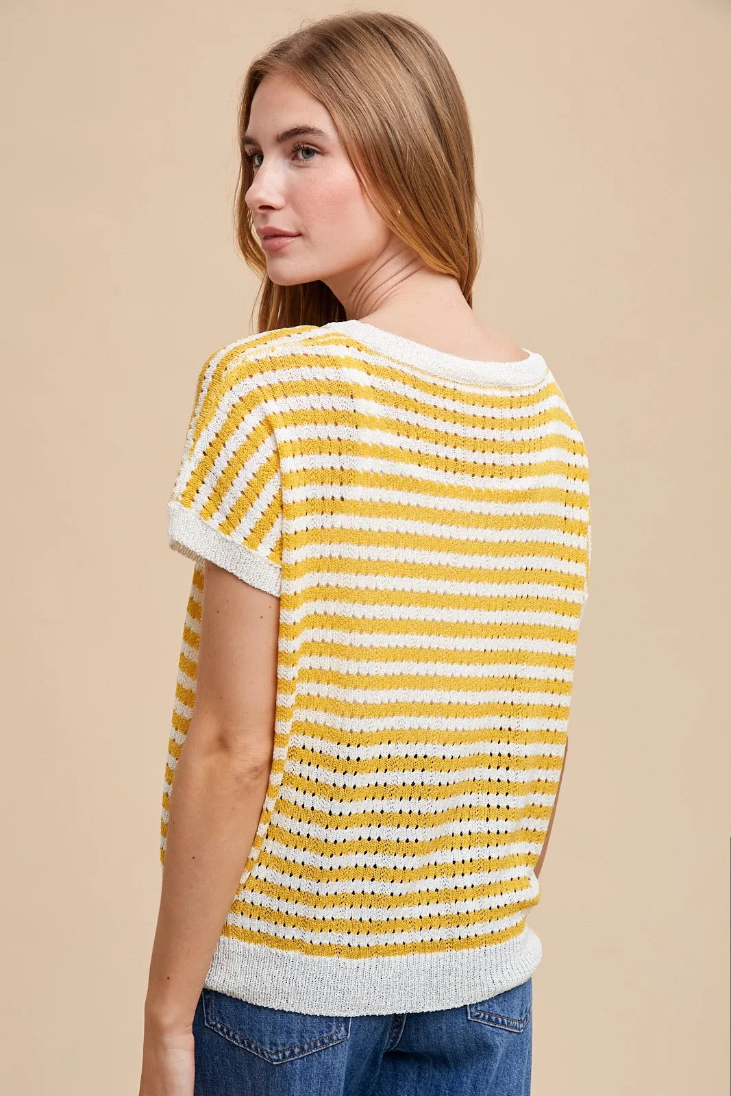 Mustard Striped Knit V-Neck Short Sleeve Top sold by Pinkblush product image thumbnail 3