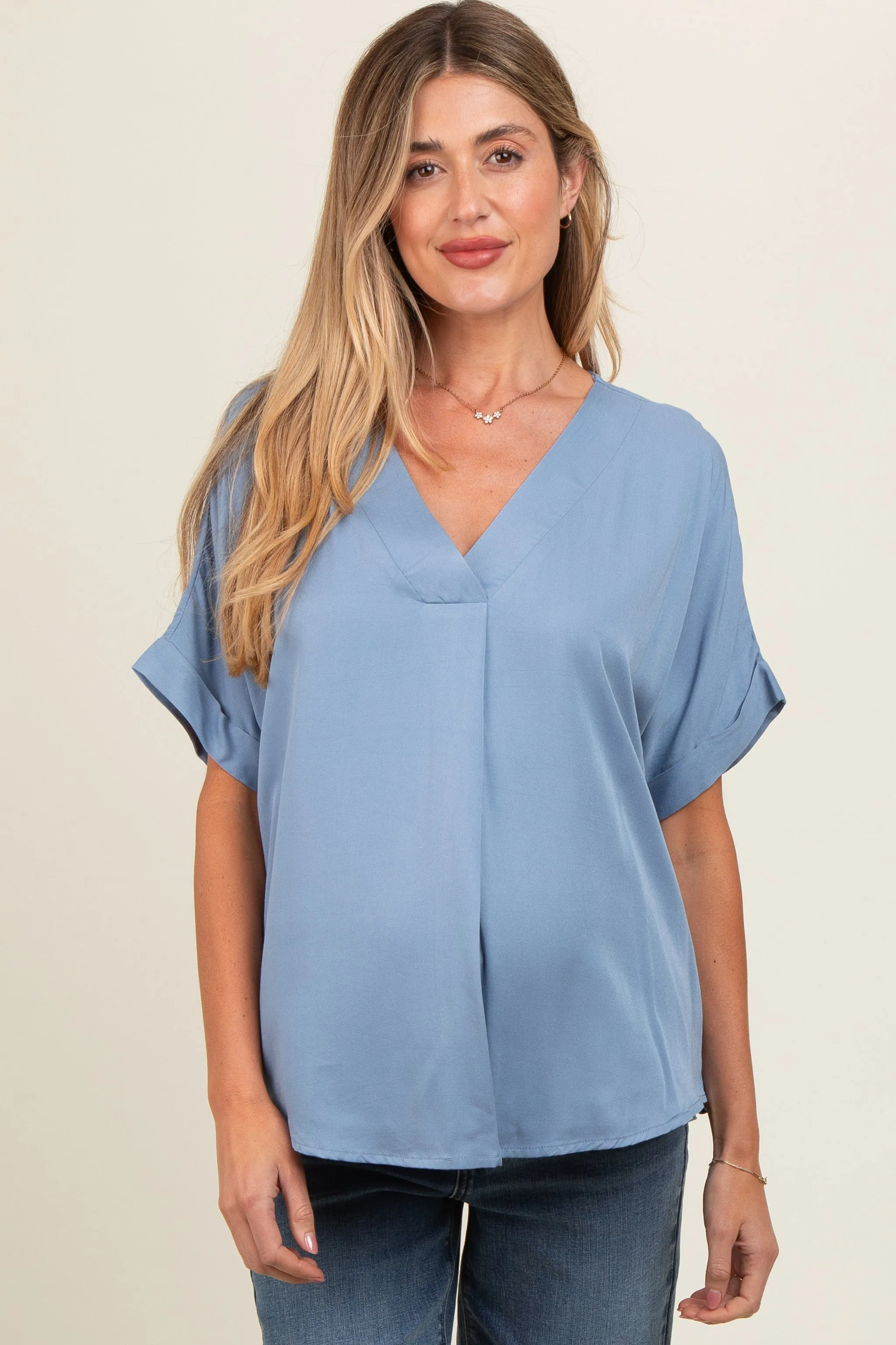 Blue V-Neck Pin-Tuck Detail Maternity Top sold by Pinkblush product image thumbnail 2