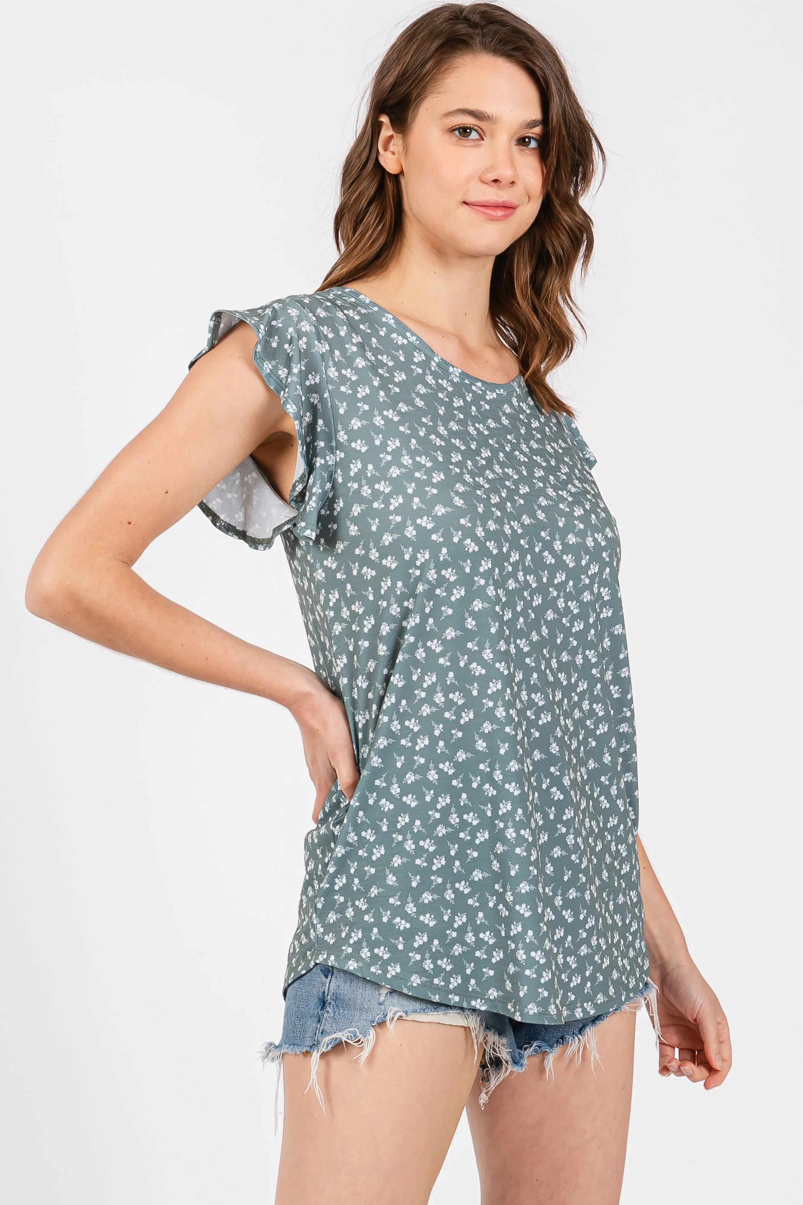 Olive Floral Ruffle Sleeve Top sold by Pinkblush product image thumbnail 3